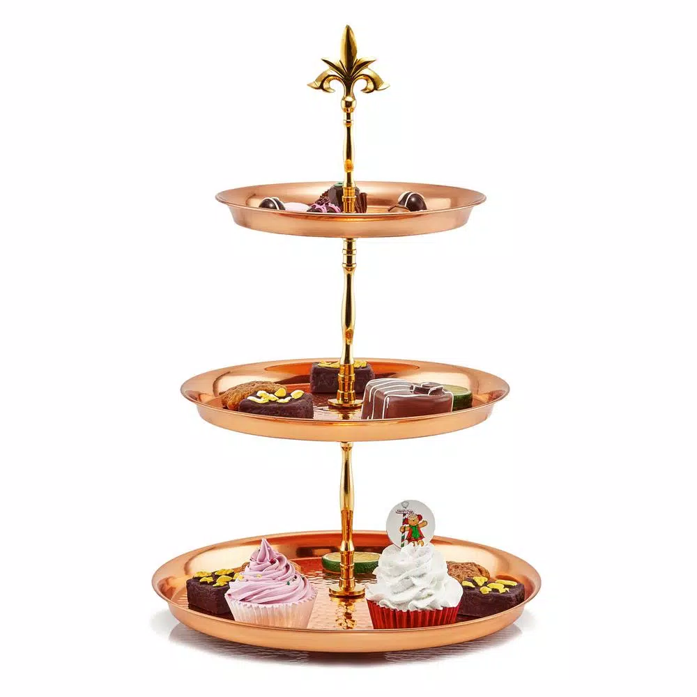 Old Dutch 3-Tier Hammered Solid Copper Serving Tray with Brass Stem and Fleur-de-Lis Handle