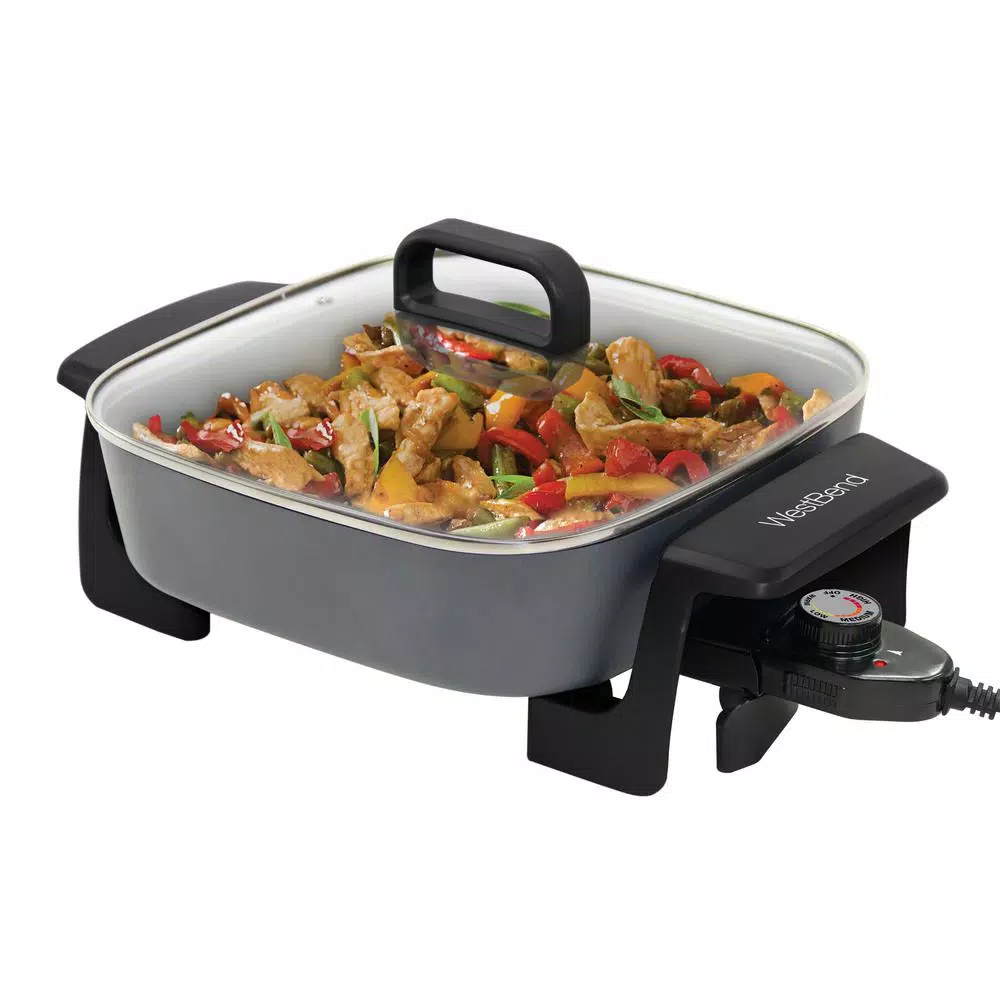 West Bend 12 in. Gray Square Electric Skillet with Grease Channel and Tilt Leg