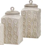 Benjara Dreanna 3-Piece White Ceramic and Mango Wood Canister Set with Distressed Cream Finish thumbnail 3