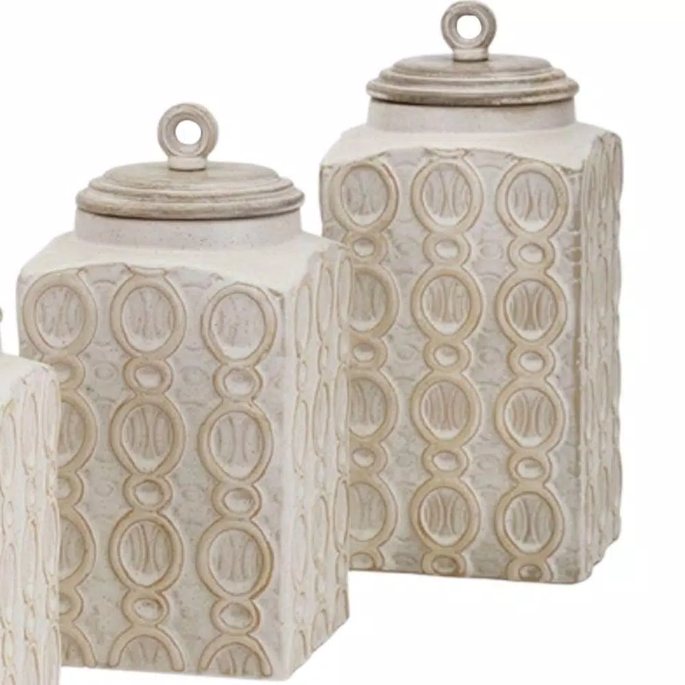 Benjara Dreanna 3-Piece White Ceramic and Mango Wood Canister Set with Distressed Cream Finish