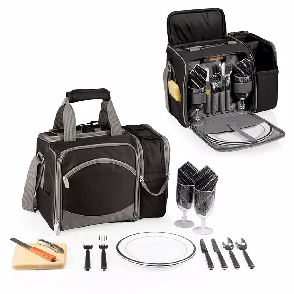 Picnic Time Malibu Black Wood Picnic Cooler Tote - Insulated Picnic Set for Two