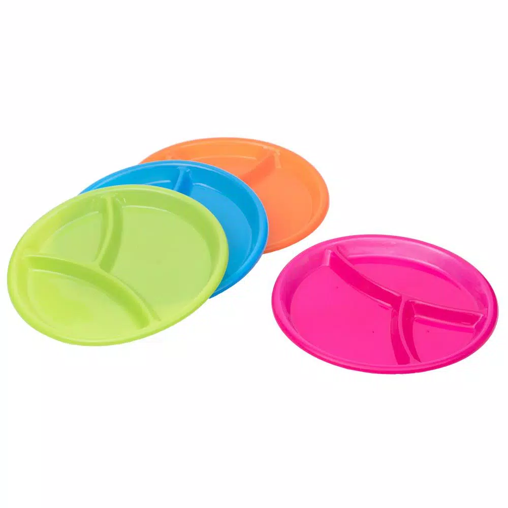 Basicwise Assorted Colors 3-Compartment Plastic Divided Plates for Babies and Toddlers (Set of 4)