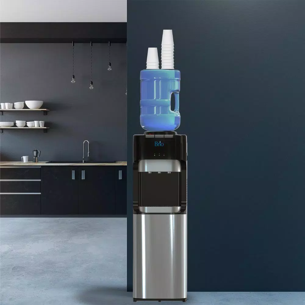 Brio Essential Series Tri-Temp Top Loading Water Cooler Dispenser, Black and Stainless Steel