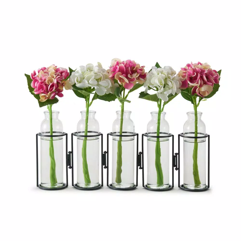 Danya B. 8 in. Hinged 5-Bottle Vase, Black Iron and Clear Glass