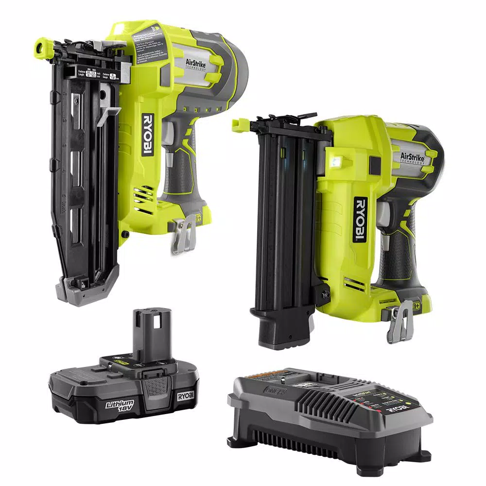 RYOBI 18V ONE+ AirStrike 18-Gauge Brad Nailer and 16-Gauge Finish Nailer 2-Tool Combo Kit