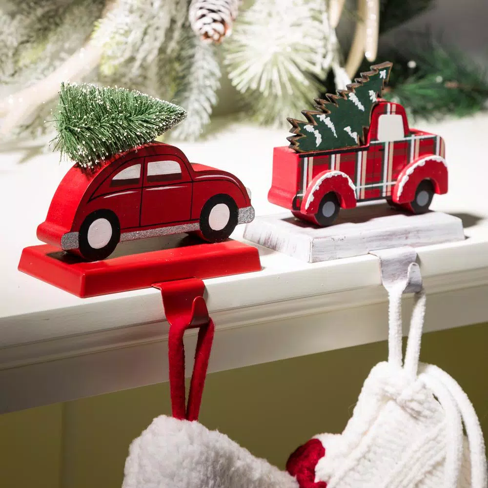 Glitzhome Red Car and Truck Wooden/Metal Stocking Holders, Set of 2