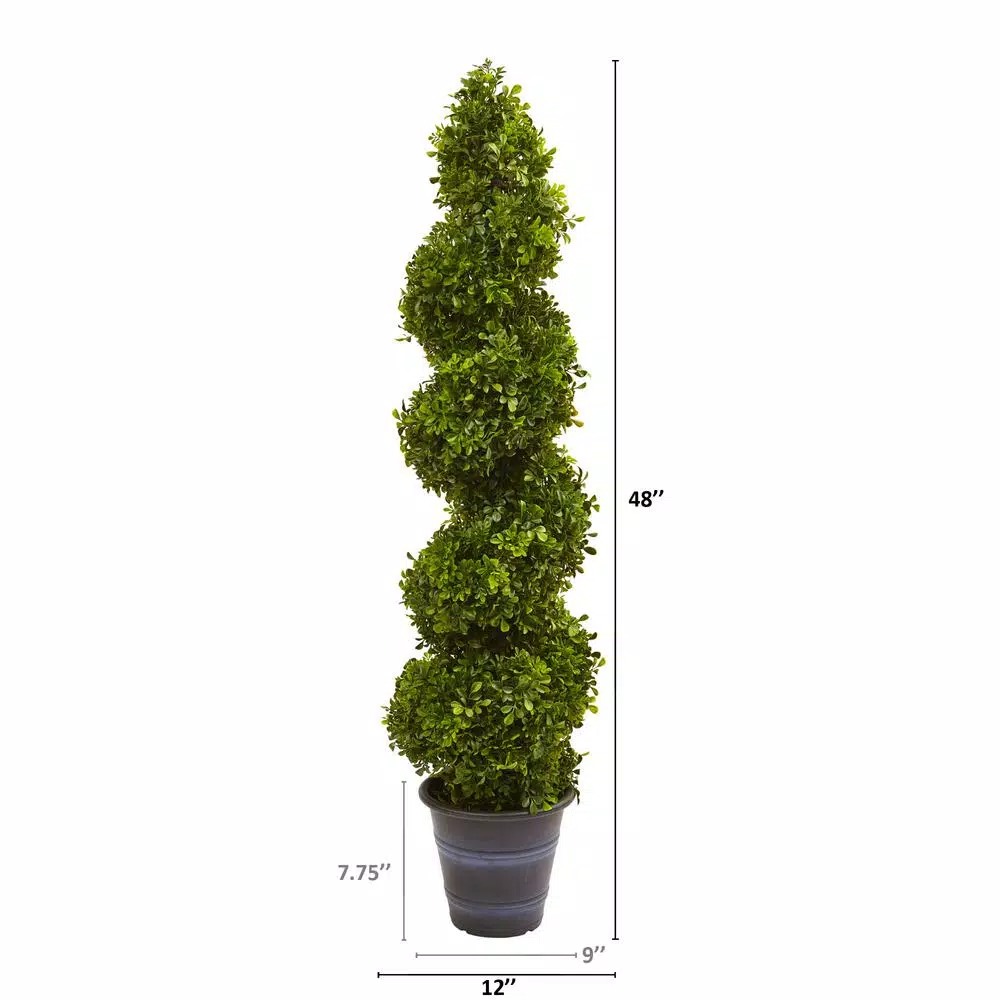 Nearly Natural 48 in. Boxwood Spiral Topiary with Gray Planter - Indoor/Outdoor Artificial Plant