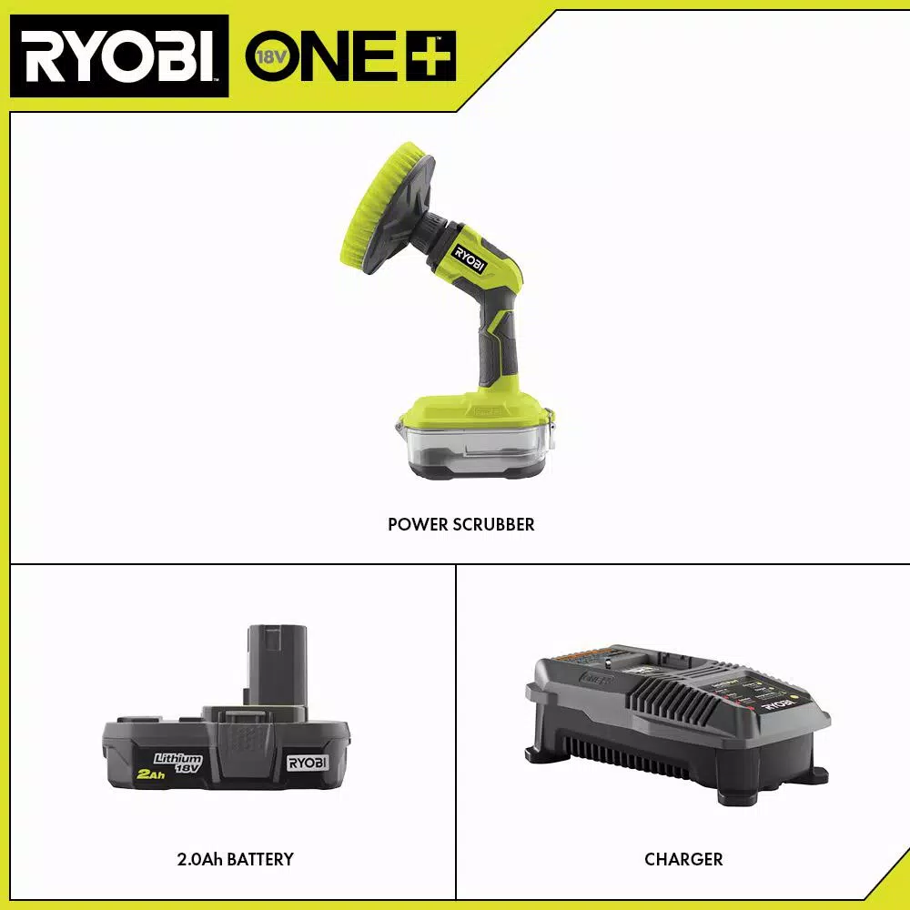 RYOBI 18V ONE+ Compact Power Scrubber Kit with 2.0 Ah Battery and Charger