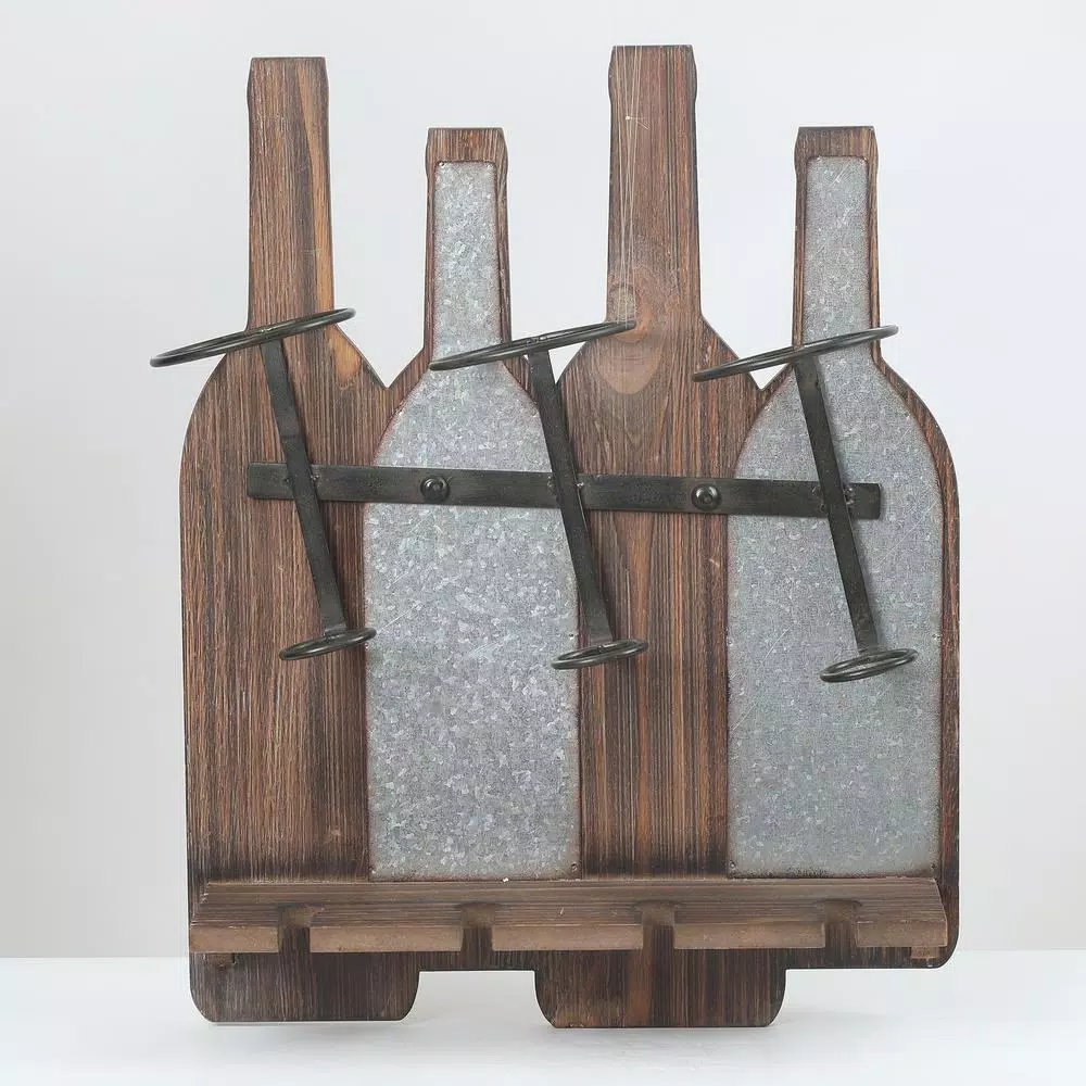 Luxen Home Rustic Wood & Metal Wall Mounted Wine Rack - Holds 3 Bottles & 4 Glasses