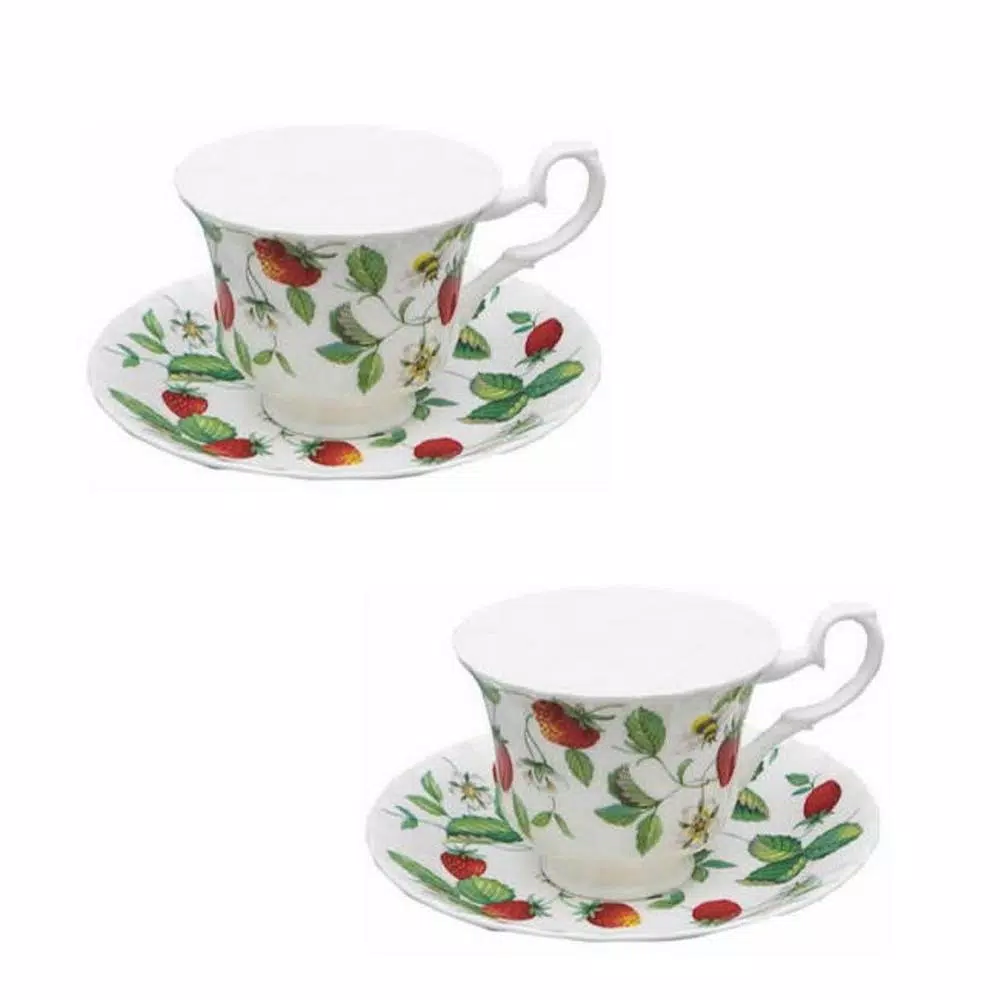 Unbranded Roy Kirkham Alpine Strawberry Bone China Teacup and Saucer Set, 230 ml, Made in England