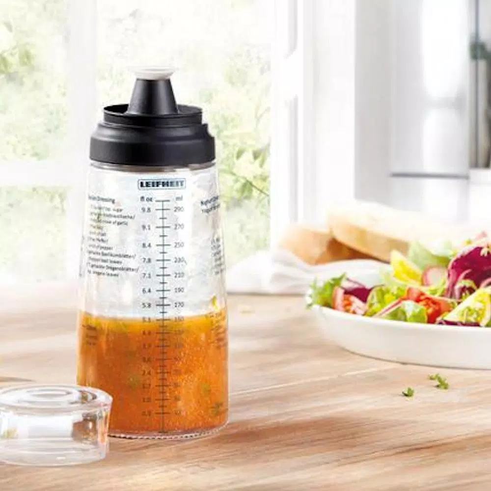 HOUSEHOLD ESSENTIALS Leifheit Glass Salad Dressing Shaker with Lid and Measurement Markings, 10.1 oz