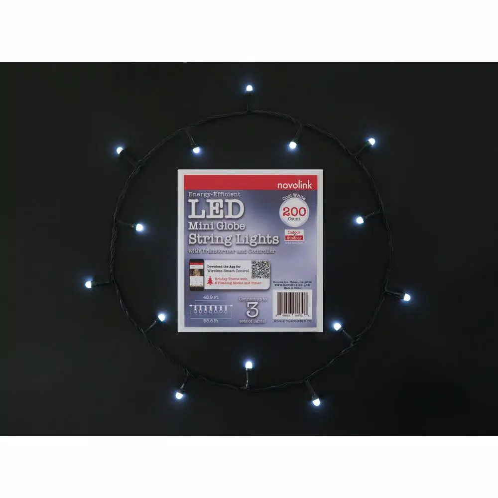 Novolink 200 LED Mini Globe Cool White String Lights with Wireless Smart App Control, 50 ft.