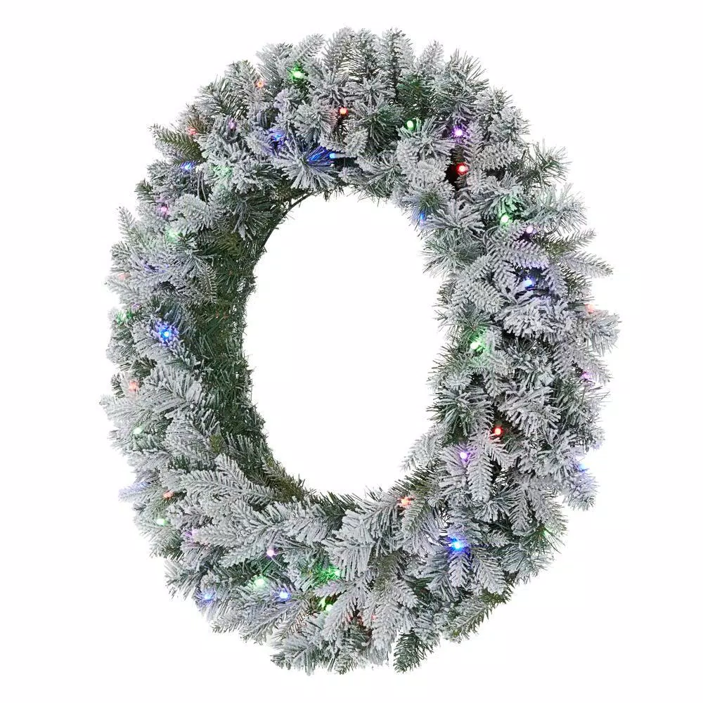 Home Accents Holiday Home Holiday Accents 30 in. Flocked Pine LED Prelit Wreath with 50 Warm White Lights and Timer