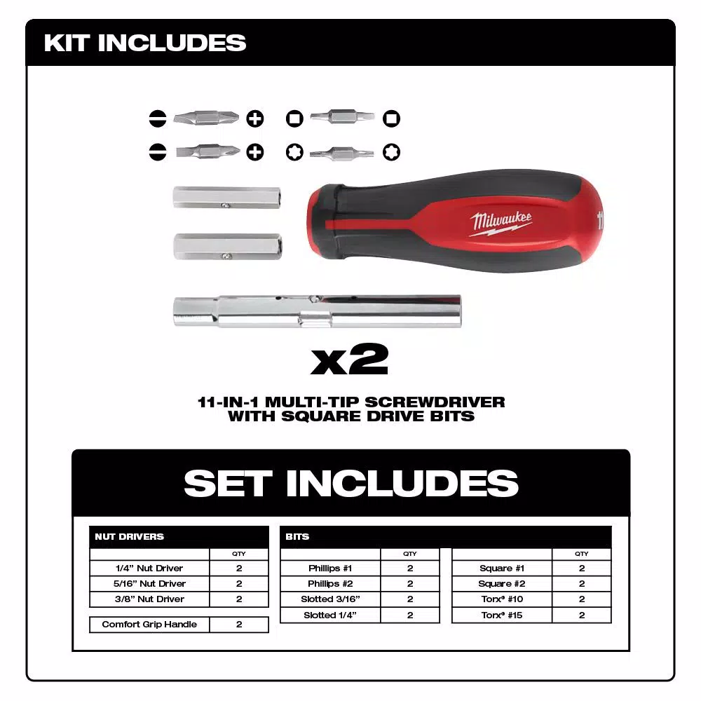 Milwaukee 11-in-1 Multi-Bit Screwdriver with Square Drive Bits, 2-Pack