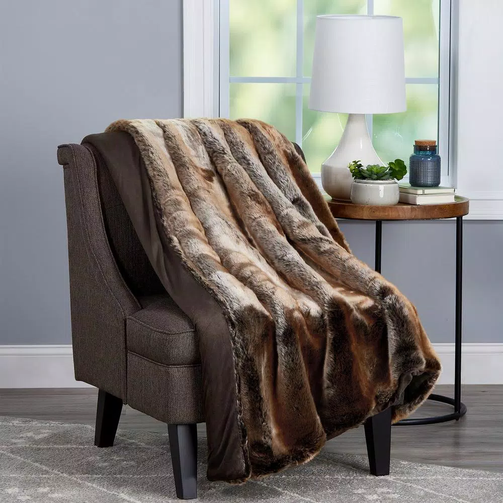 Lavish Home Oversized Amber Brown Faux Marten Sable Reversible Throw Blanket