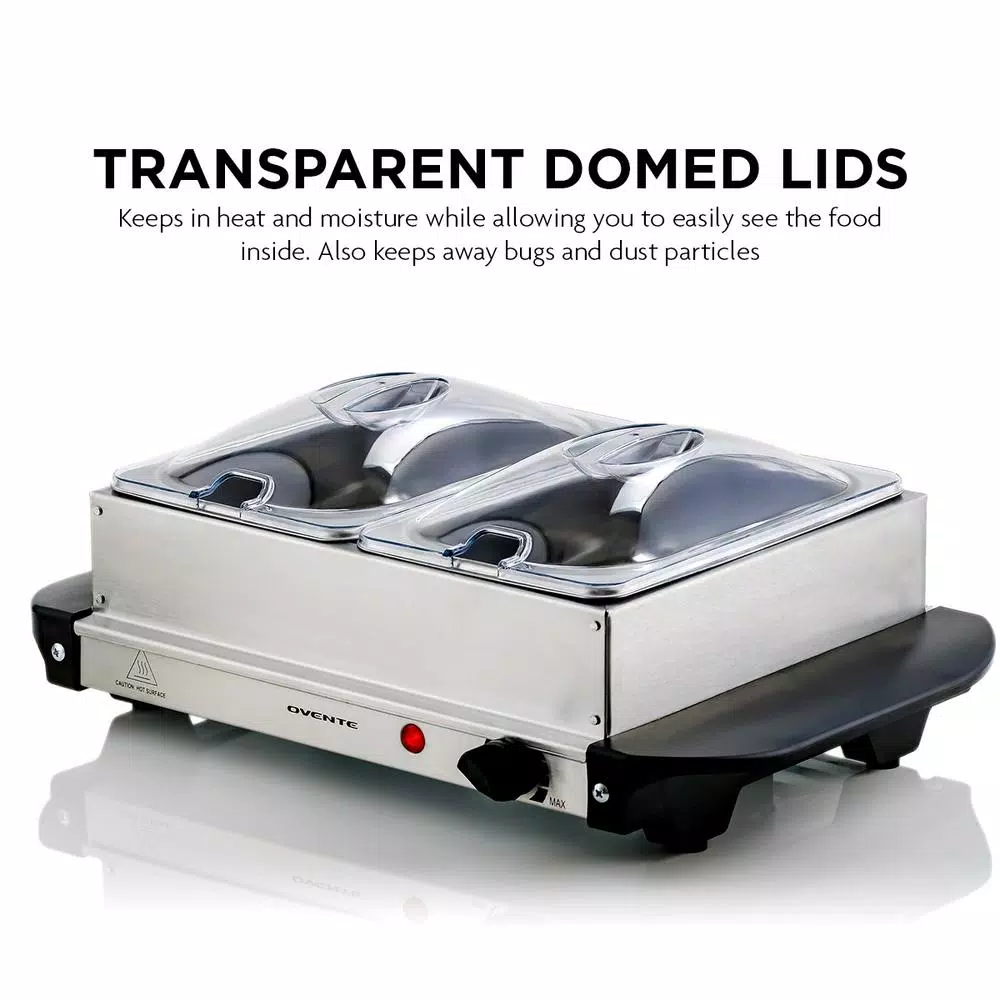 Ovente 2.1 qt. Electric Buffet Server, Stainless Steel Chafing Dish with 2 x 1L Warming Pans and Lids