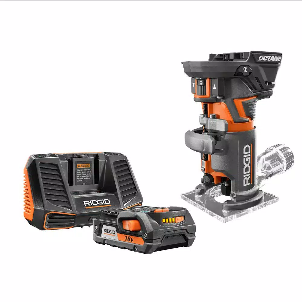 RIDGID 18V OCTANE Brushless Compact Fixed Base Router Kit with 2.0 Ah Battery and Charger