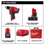 Milwaukee M12 FUEL 12V Brushless 1/2 in. Hammer Drill Kit with 4.0 Ah & 2.0 Ah Batteries and Case thumbnail 2