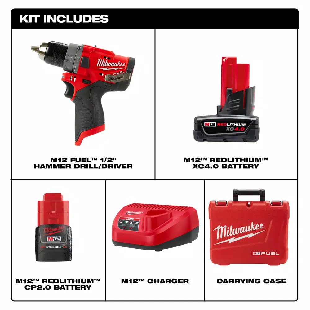 Milwaukee M12 FUEL 12V Brushless 1/2 in. Hammer Drill Kit with 4.0 Ah & 2.0 Ah Batteries and Case