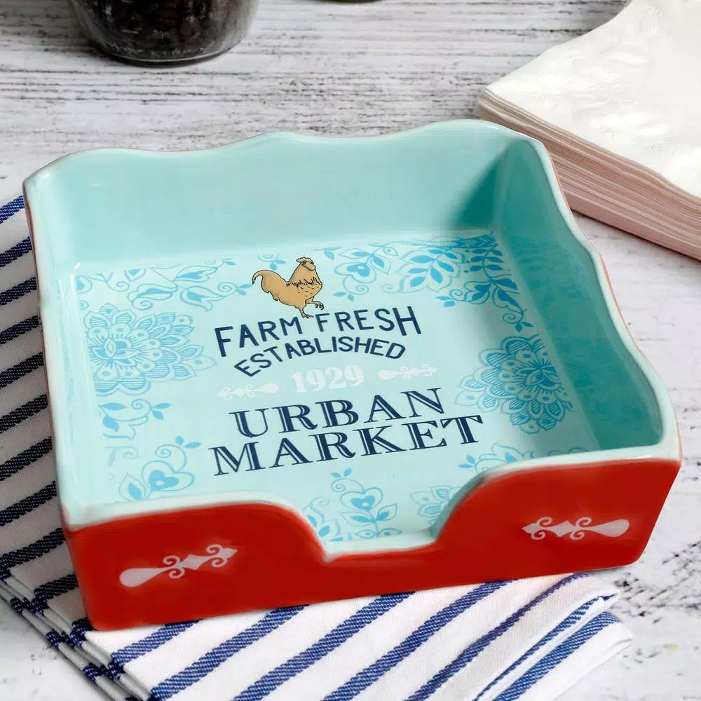 Urban Market Life On The Farm 10.2 in. Stoneware Napkin Holder - Coral and Blue Rooster Design