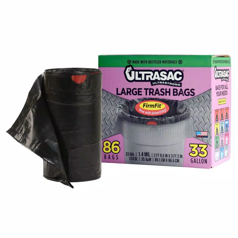 Ultrasac 33 Gallon Black Large Drawstring Trash Bags, Heavy Duty, 86-Count