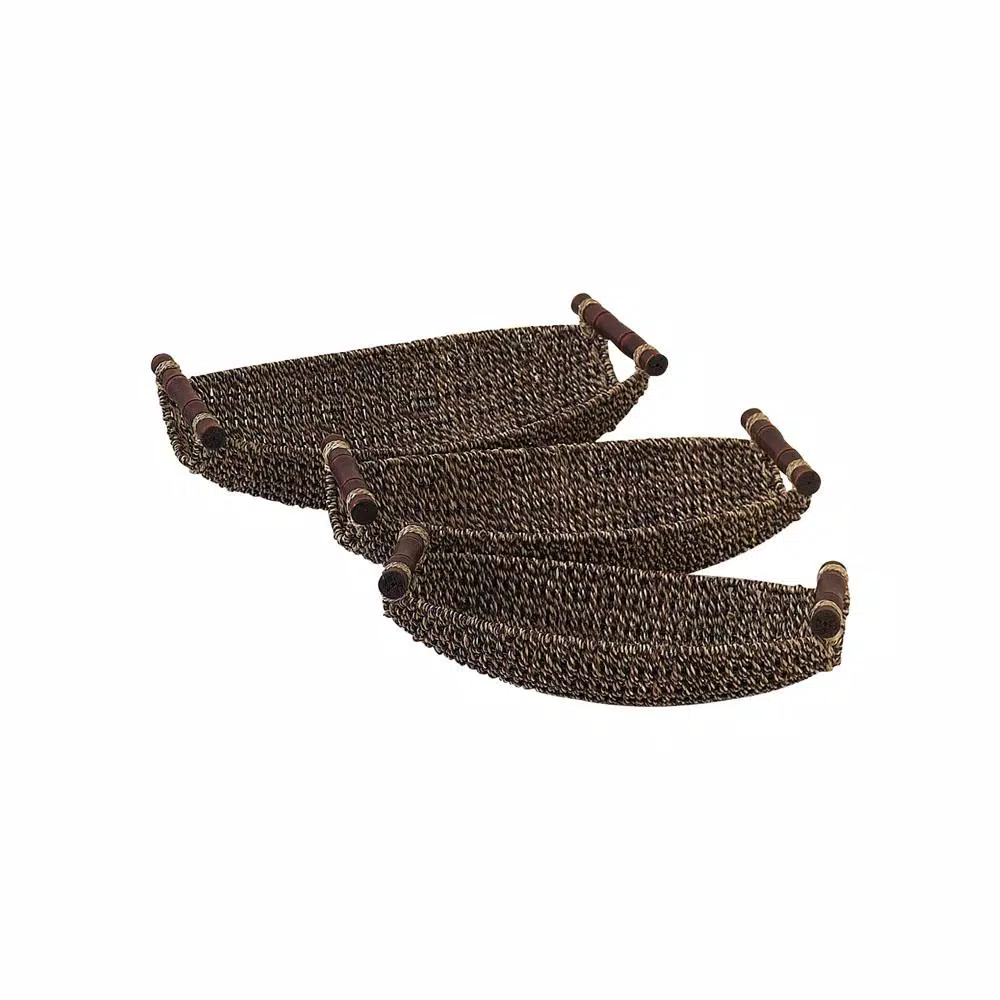 LITTON LANE Globe Trotter Set of 3 Seagrass Boat-Shaped Trays with Cherrywood Dowel Handles
