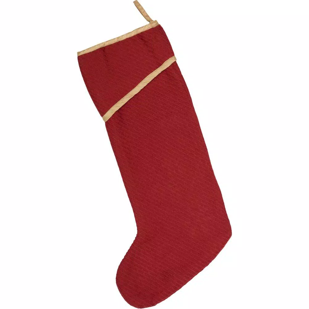 VHC Brands 20 in. Revelry Brick Red Traditional Christmas Stocking with Gold Taupe Jacquard Trim
