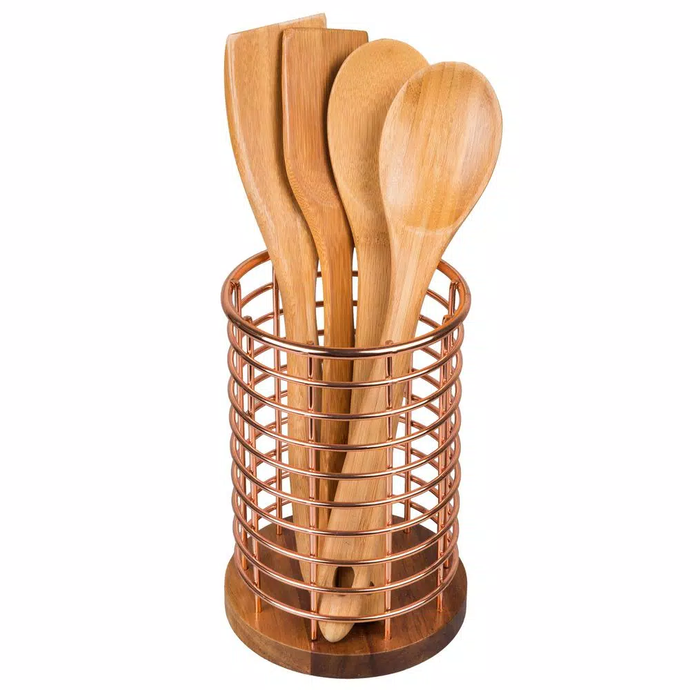 Creative Home Acacia Wood and Copper Iron Wire Utensil Tool Holder Crock