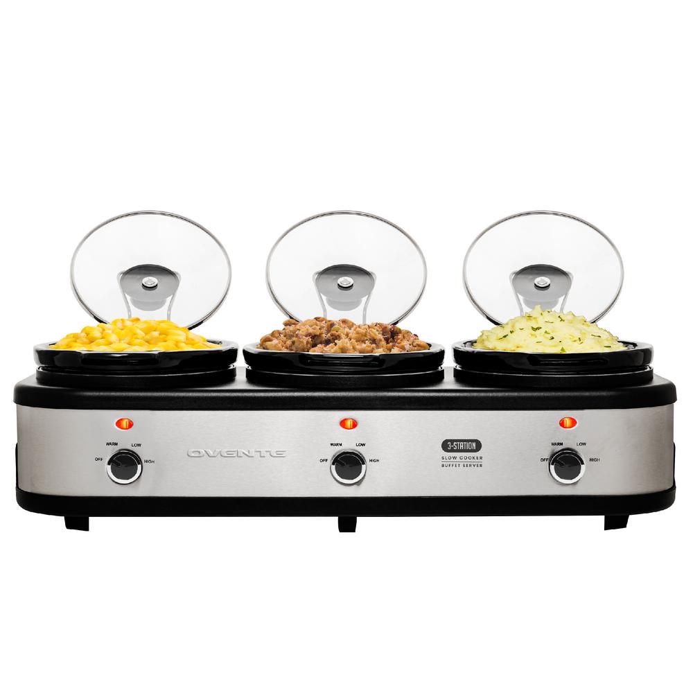 OVENTE 3-Station Slow Cooker and Buffet Server, 4.5 Qt. Silver Stainless Steel