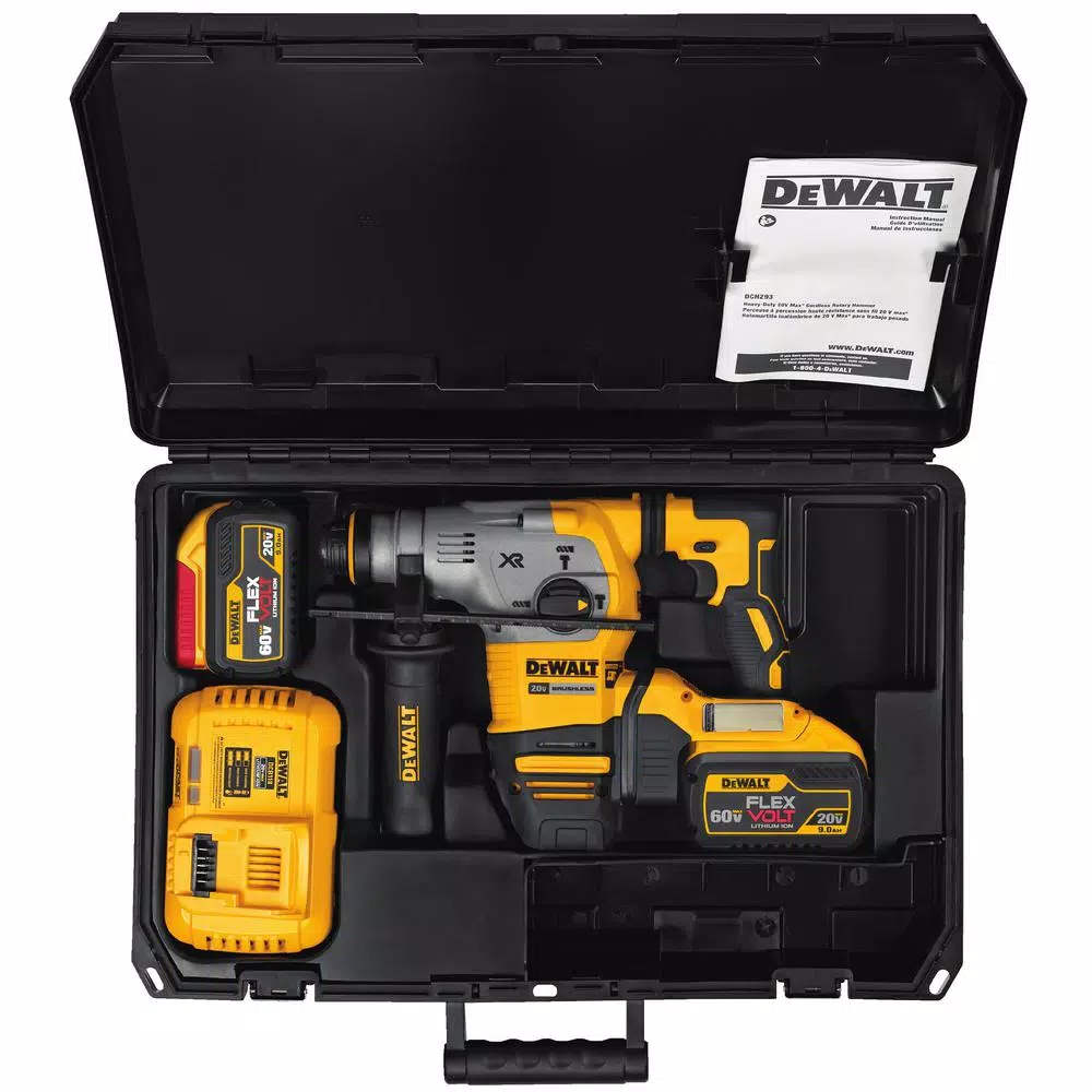 DEWALT 20V MAX XR Brushless 1-1/8 in. SDS Plus L-Shape Rotary Hammer Kit with (2) 9.0 Ah FLEXVOLT Batteries