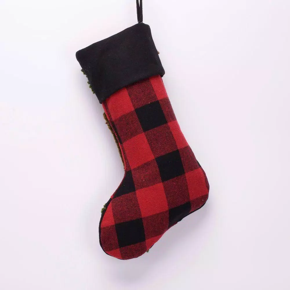 Glitzhome 19 in. Plaid Christmas Stocking with Handmade Rug Hooked Bear and Embroidery