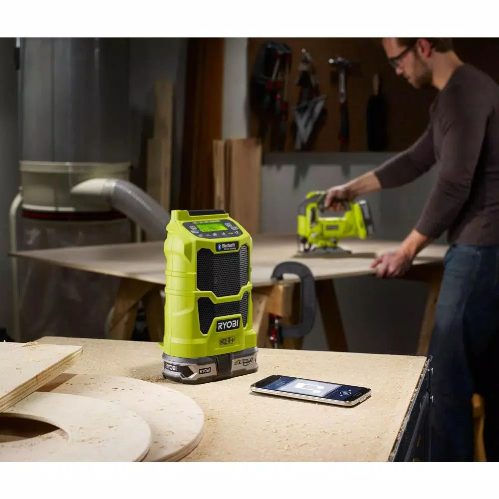 RYOBI 18V ONE+ Cordless Compact Radio Bluetooth Kit with 2.0 Ah Battery and IntelliPort Charger