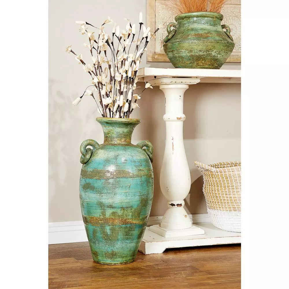 LITTON LANE 23-Inch Distressed Ceramic Amphora Vase - Green, Black, and Yellow Mediterranean Style Floor Vase