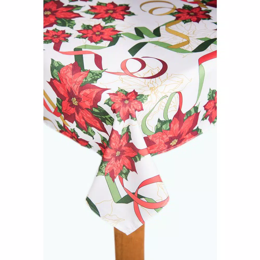 Lintex Christmas Ribbon Floral Pattern Tablecloth, 70 in. Round, Red and Green on White, 100% Polyester