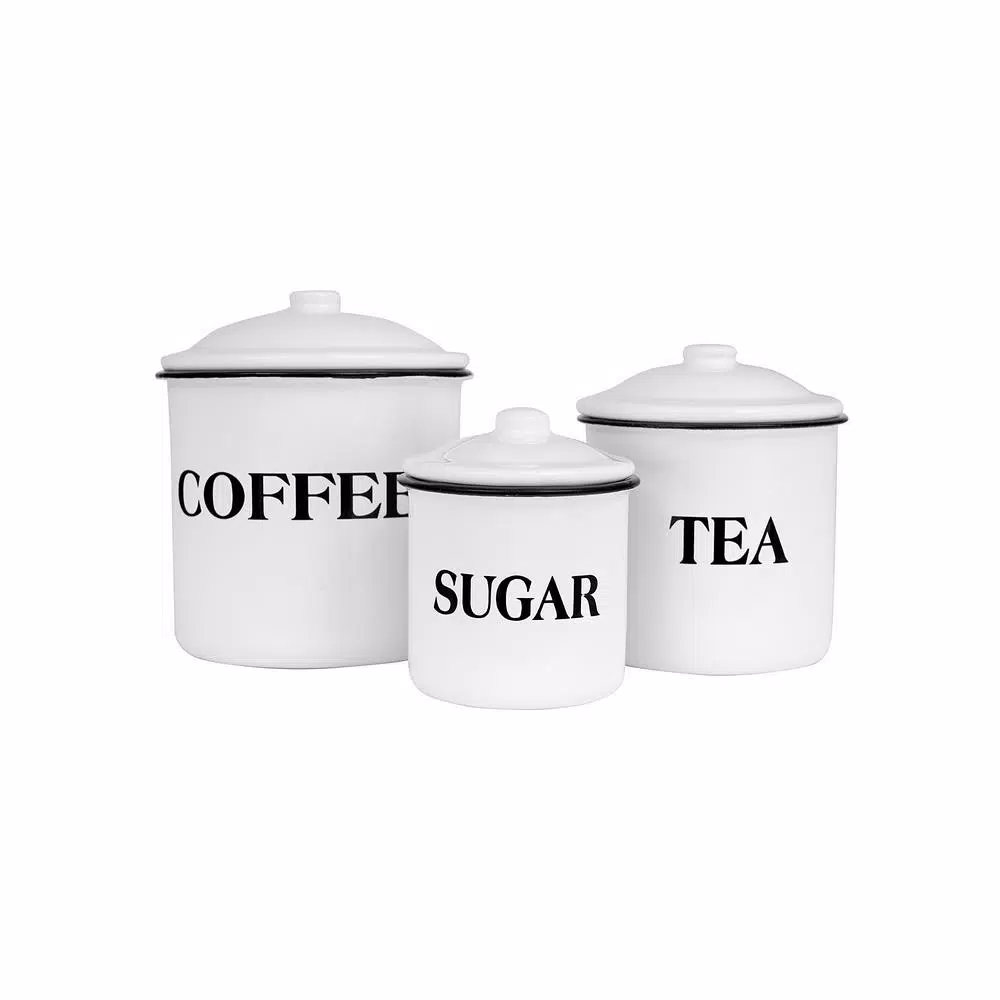 3R Studios 3-Piece White Metal Kitchen Canister Set with Coffee, Tea, and Sugar Labels