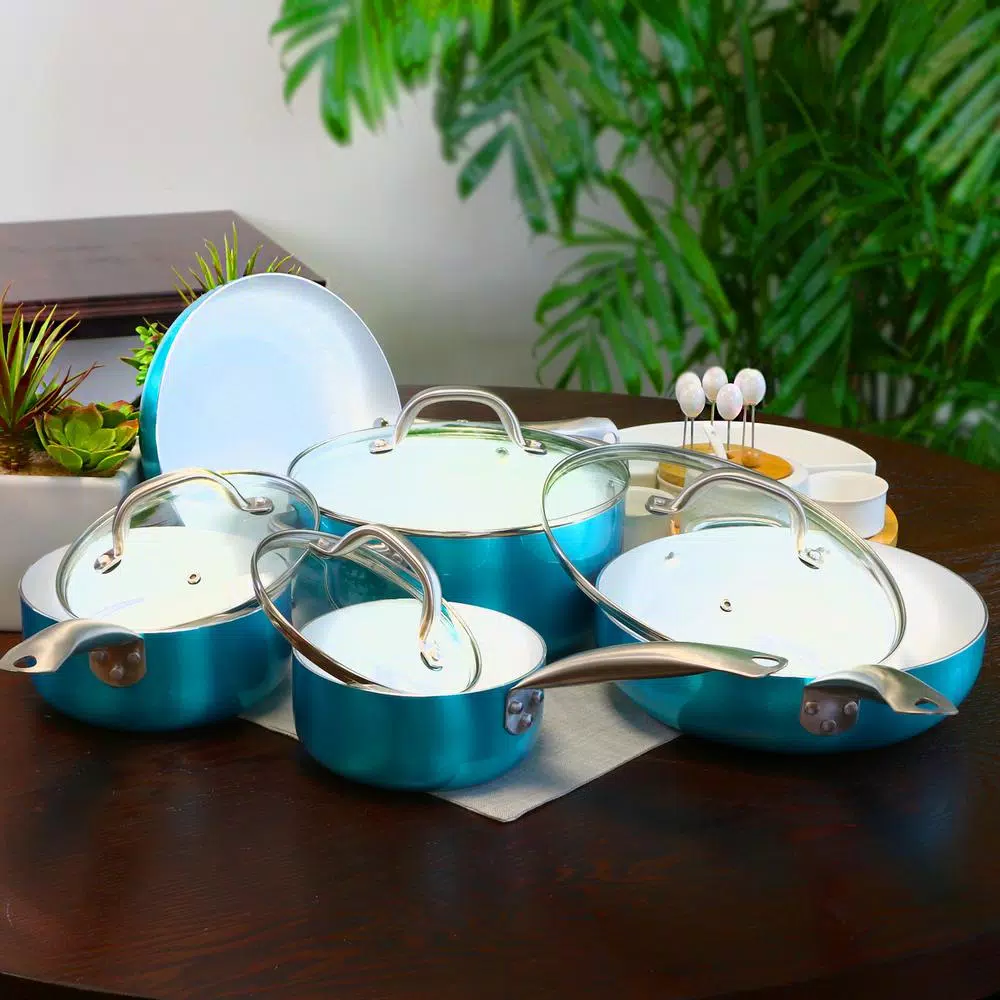 Oster Montecielo 9-Piece Aluminum Nonstick Cookware Set, Metallic Turquoise