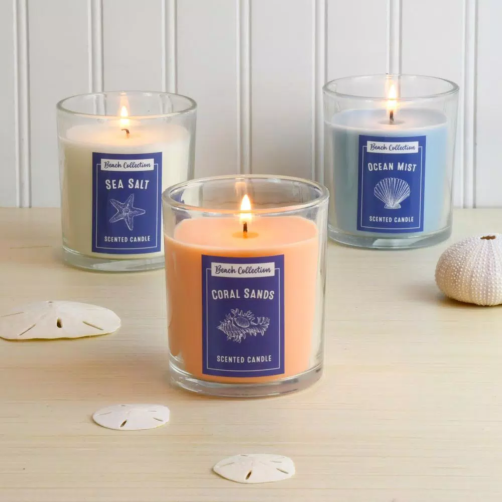 LUMABASE Beach Collection Scented Candles Set of 3 - Ocean Mist, Sea Salt, Coral Sands (10 oz. Each)