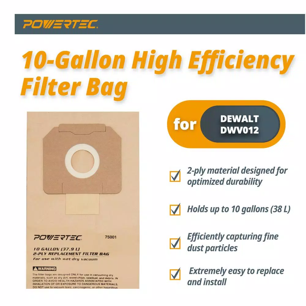 POWERTEC 10 Gal. High Efficiency Replacement Filter Bags for DeWalt DWV012 DWV9401 Dust Extractors (5-Pack)