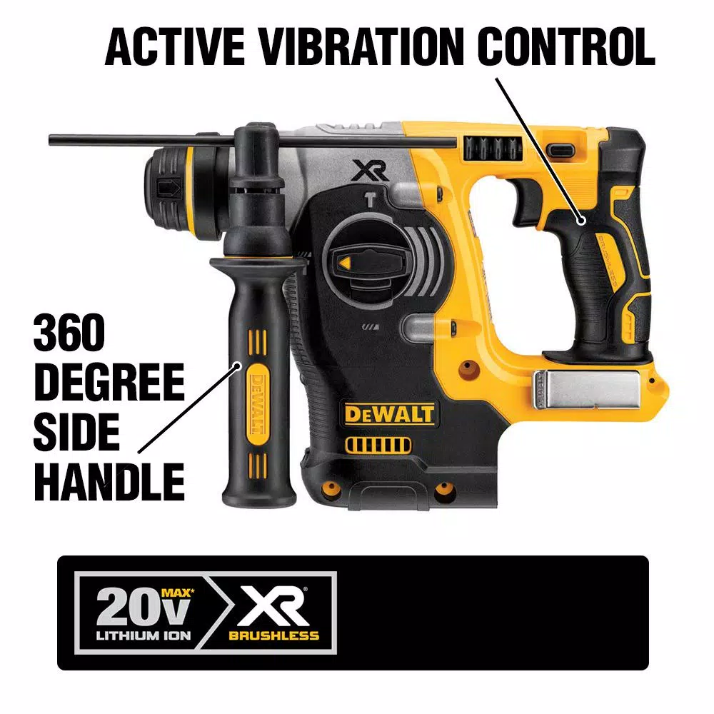 DEWALT 20V MAX XR Brushless 1 in. SDS Plus L-Shape Rotary Hammer Kit with Dust Extractor & (2) 5.0 Ah Batteries