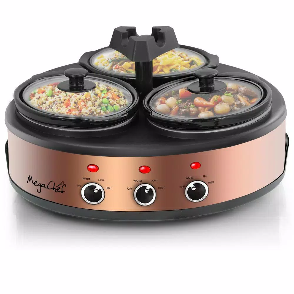 MegaChef Triple 4.5 Qt. Copper Slow Cooker and Buffet Server with 3 Ceramic Pots