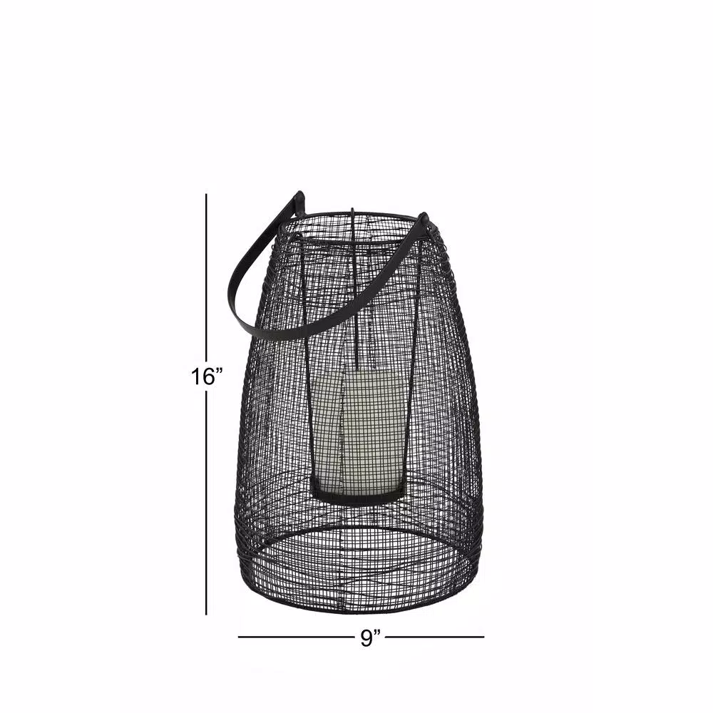 LITTON LANE Large Black Metal Mesh Lantern Candle Holder with Suspended Hurricane Glass