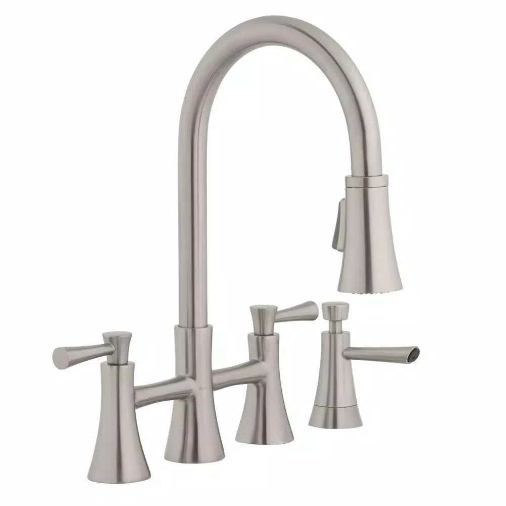 Glacier Bay Selma 2-Handle Bridge Kitchen Faucet with Pull-Down Sprayer and Soap Dispenser, Stainless Steel
