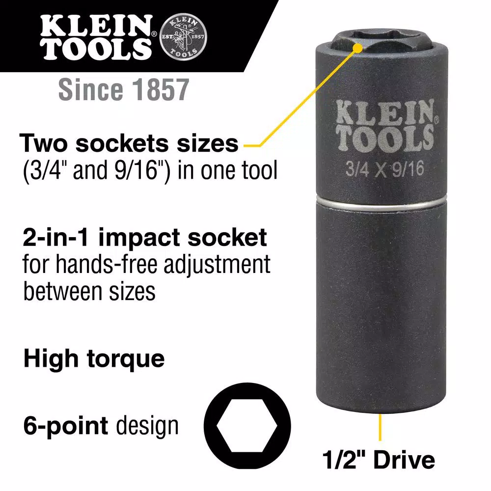 Klein Tools 1/2 in. Drive 2-in-1 Deep Impact Socket, 6-Point, 3/4 in. and 9/16 in.