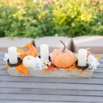 Flora Bunda 23 in. Fall Harvest Wood Ledge Pumpkin Arrangement Centerpiece Candle Holder with Berries and Leaves thumbnail 4