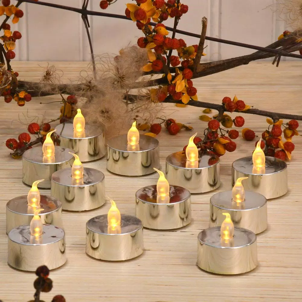 LUMABASE Silver Plated LED Tea Light Candles, 12-Count Battery Operated Flickering Amber Glow