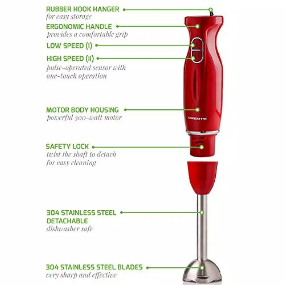Ovente HS565 300W Immersion Blender Set with Chopper, Whisk, and 24 oz. Beaker - Red