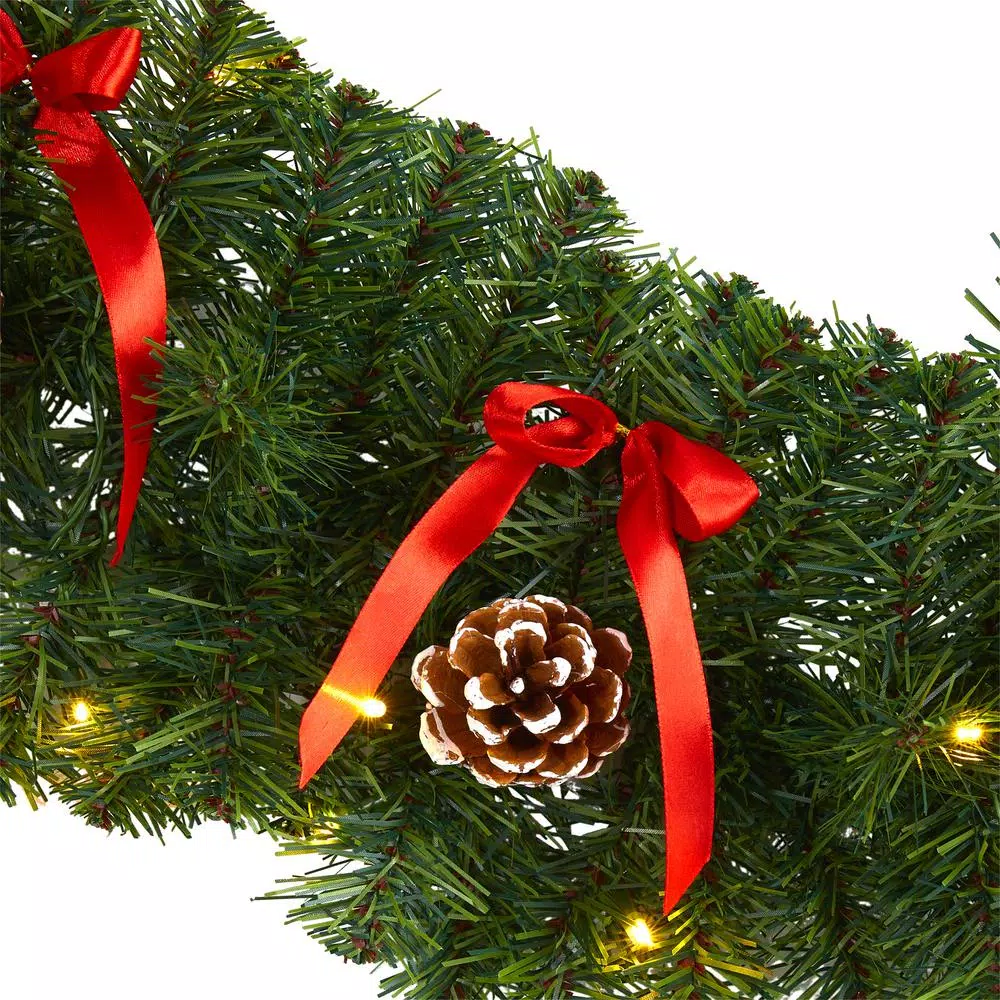 Nearly Natural 9 ft. Pre-lit Artificial Christmas Garland with Bows, Pinecones & 35 LED Lights
