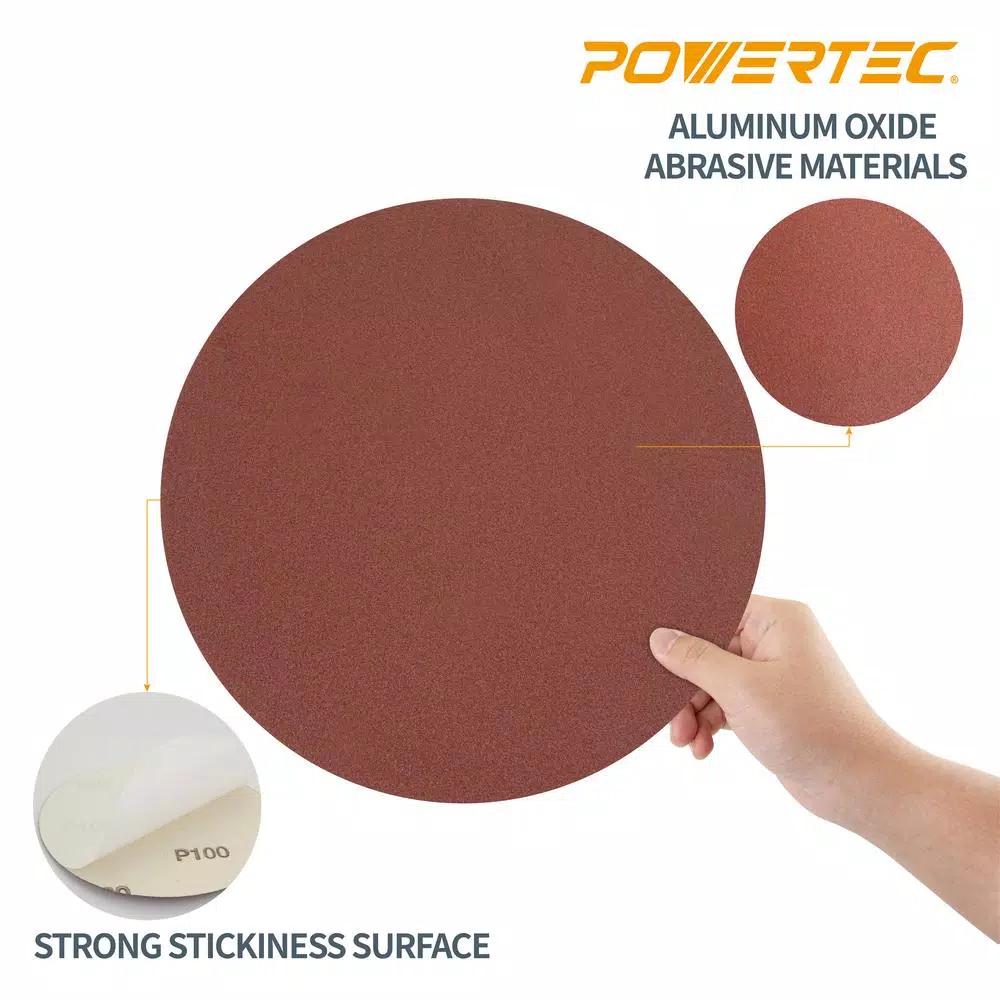 POWERTEC 12 in. 80 Grit Aluminum Oxide PSA Sanding Discs, 10-Pack