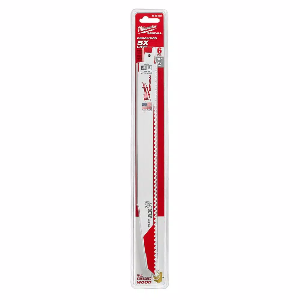 Milwaukee AX Carbide Tipped Reciprocating Saw Blades, 12 in., 5 TPI, Nail-Embedded Wood, 6 Pack