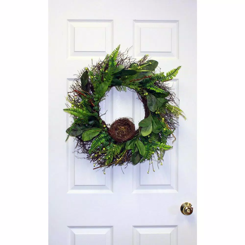 Worth Imports 24 in. Green Leaves, Berries and Nest Wreath on Natural Twig Base